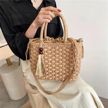 Load image into Gallery viewer, Tecido balde de palha sacos de ombro  verão palha crossbody saco designer bolsa feminina viagem praia férias tricô tote