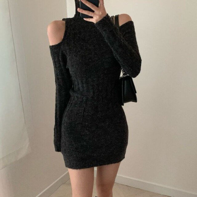 Temperament Slim Off The Shoulder Long Sleeve Twist Turtleneck Knitted Dress Women Wild Robe Femme Sexy Elegant Solid Retro Hip