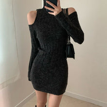 Load image into Gallery viewer, Temperament Slim Off The Shoulder Long Sleeve Twist Turtleneck Knitted Dress Women Wild Robe Femme Sexy Elegant Solid Retro Hip