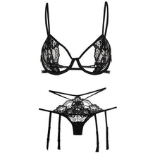 Load image into Gallery viewer, Temptation Transparent Lace Bra Seducive Lingerie Garter Set Sexy Push Up Underwire Open Cup Bra Underwear Panties Garter Set
