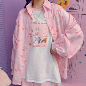 The New Summer 2021 Kawaii Blouse Women  Long Sleeve Cute Top Loose Women Shirts Korean Style Fashion Print Button Up Shirt Kpop