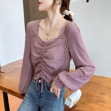 Load image into Gallery viewer, The same design sense niche lace-up plaid shirt long-sleeved short cropped fashion blouse women&#39;s autumn