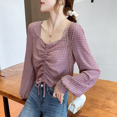 The same design sense niche lace-up plaid shirt long-sleeved short cropped fashion blouse women's autumn