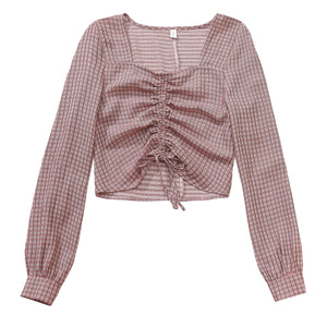 The same design sense niche lace-up plaid shirt long-sleeved short cropped fashion blouse women's autumn