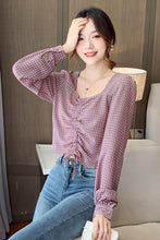 Load image into Gallery viewer, The same design sense niche lace-up plaid shirt long-sleeved short cropped fashion blouse women&#39;s autumn