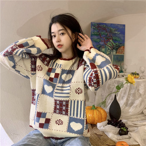 Thickened stitching love sweater women's loose fitting outer wear autumn and winter New Retro Plaid long sleeve T-shirt color co