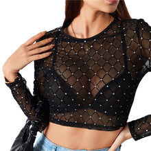 Load image into Gallery viewer, Thorn Tree 2021 Black Mesh Fishnet Crop Tops Women Sexy See Through Long Sleeve O-neck Rihnstone Crystal Beadings Plaid T-Shirts