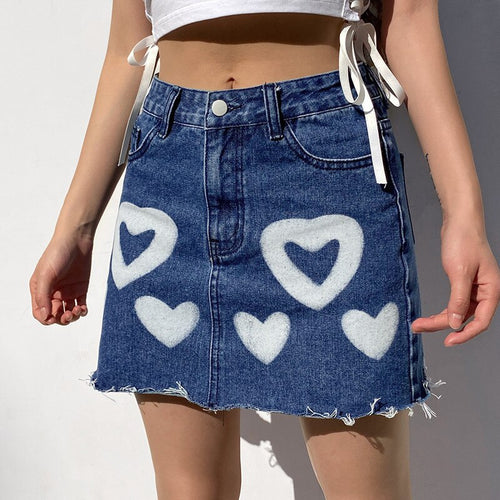 Thorn Tree 2021 Women Heart Print Mini A-line Skirt High Waist Wild Casual Sexy Frayed Hem Stylish Denim Pencil Skirts Female