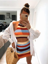 Load image into Gallery viewer, Thorn Tree 2Pcs Women&#39;s Suits Clothing Knitted Sleeveless Halter Camis Crop Tops High Waist Striped Pencil Skirt Party Wear 2021