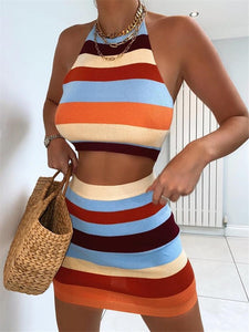 Thorn Tree 2Pcs Women's Suits Clothing Knitted Sleeveless Halter Camis Crop Tops High Waist Striped Pencil Skirt Party Wear 2021