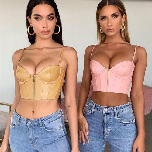 Thorn Tree Fashion Vest Sexy Women Tube Crop Tops Backless Zipper PU Leather Camisole Sleeveless Strappy Tank Vest Streetwear
