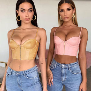 Thorn Tree Fashion Vest Sexy Women Tube Crop Tops Backless Zipper PU Leather Camisole Sleeveless Strappy Tank Vest Streetwear