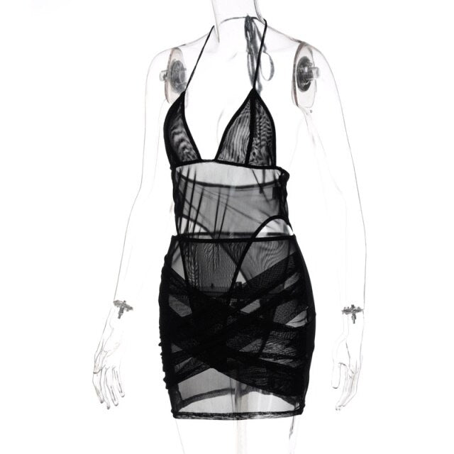 Thorn Tree Halter Lace-up Backless Mesh See Through V-neck Bodysuit 2 Piece Women High Waist Skirts Club Streetwear Outfits Y2K