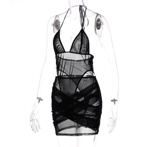 Thorn Tree Halter Lace-up Backless Mesh See Through V-neck Bodysuit 2 Piece Women High Waist Skirts Club Streetwear Outfits Y2K