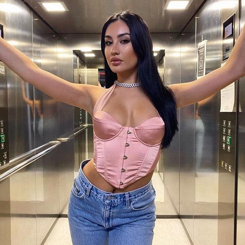 Thorn Tree Halter Lace-up Women Tank Satin Backless Bangage Sleeveless Slim Front Buttons Up Sexy Camis Female Push Up Crop Tops