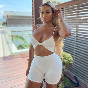 Thorn Tree Jumpsuits Deep V-neck Hollow Out Clubwear 2021 Sexy Women Sleeveless Strap High Waist Bodycon Biker Shorts Playsuits