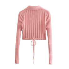 Load image into Gallery viewer, Thorn Tree Women Knitted Cardigan Sweaters Tie-up Solid Color Long Sleeve Turn-down Collar Crop Tops 2021 Autumn Winter Sweaters
