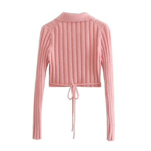 Thorn Tree Women Knitted Cardigan Sweaters Tie-up Solid Color Long Sleeve Turn-down Collar Crop Tops 2021 Autumn Winter Sweaters