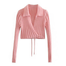 Load image into Gallery viewer, Thorn Tree Women Knitted Cardigan Sweaters Tie-up Solid Color Long Sleeve Turn-down Collar Crop Tops 2021 Autumn Winter Sweaters