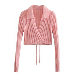 Thorn Tree Women Knitted Cardigan Sweaters Tie-up Solid Color Long Sleeve Turn-down Collar Crop Tops 2021 Autumn Winter Sweaters