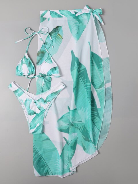 Three Piece Print Floral Bikini Set 2022 New Women Swimsuit Lace Up Bikinis Backless Swimwear Bathing Suit Brazilian Beach Dress