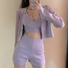 Load image into Gallery viewer, Three Piece Set Knitted Cardigan Women 2021 Long Sleeves &amp; High-Waist Shorts &amp; Camisole Crop Top Female Fashion Ensembles Femme