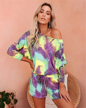 Load image into Gallery viewer, Tie Dye Colorful Print Two Piece Set Summer Clothing Off the Shoulder Long Sleeve Top and Shorts Suit Co Ord Sets Lounge Wear