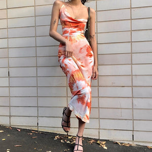 Tie Dye Print Fashion Sexy Backless Lace Up Midi Dresses Sleeveless Club Party Holiday Spaghetti Strap Sundress