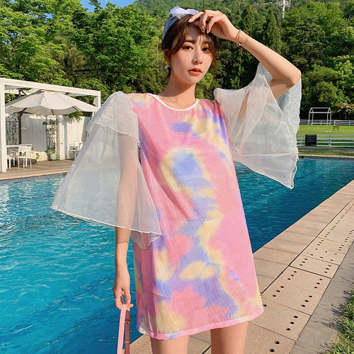 Tie Dye Swimsuit with Cover Up Three Pieces Swimwear for Women Tankini Sets 2021 New Summer Large Size Bathing Suits Plus Size