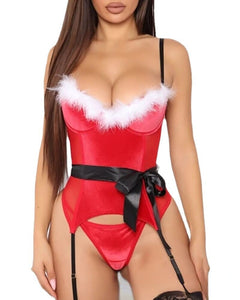 Tied Detail Feather Decor Sleeveless Lingerie Set Fashion Sexy Red Slip Plush Sexy Suit without Stockings Women Spring Summer