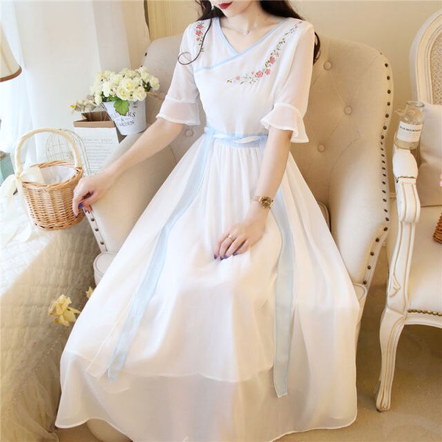 Traditional Ancient Chinese Style Hanfu Costume Women Vintage Oriental Han Dynasty Princess Chiffon Daily Clothing Fairy Dresses