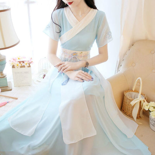 Traditional Ancient Chinese Style Summer Hanfu Costumes Women Daily Embroidery Oriental Han Dynasty Student Slim Chiffon Dresses