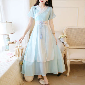 Traditional Ancient Chinese Style Summer Hanfu Costumes Women Daily Embroidery Oriental Han Dynasty Student Slim Chiffon Dresses