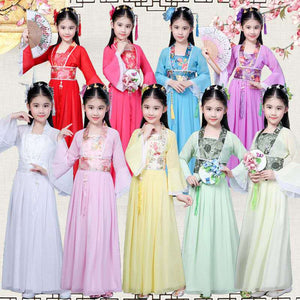 Traditional Dance Fans Chinese Traditional Dress for Kids Hanfu Red Hot Pink Sky Blue White Green Yellow Halloween Girls Costume