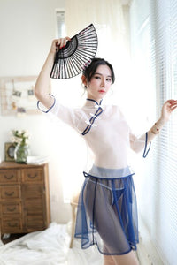 Transparent Mesh Retro Night Club Republic Cosplay Women Clothing Colorful Sexy Lingerie Cheongsam Split Skirt Elegant Suit