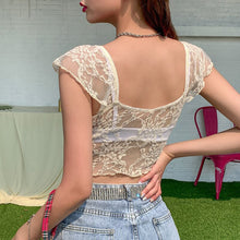 Load image into Gallery viewer, Transparent Squre Collar Mesh Tops Sweet Short Sleeve See Through Floral E-girl Crop Tops Summer Streetwear Fashion