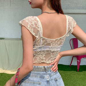 Transparent Squre Collar Mesh Tops Sweet Short Sleeve See Through Floral E-girl Crop Tops Summer Streetwear Fashion