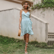 Load image into Gallery viewer, Trendy Bohemian Wrap Front Frill Slip Ditsy Dress Asymmetrical Ruffle Hem Backless Mini Camisole for Beach or Holiday