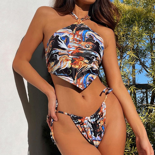 Triangles Printed halter neck Bikinis Women Bandage Swimsuit Bikini 2021 Sexy Push Up Swimwear Bathing Suit Halter Bikinis Suit