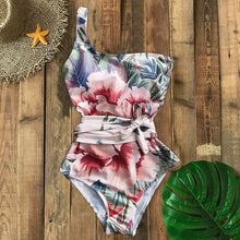 Load image into Gallery viewer, Tropical Women One Piece Swimsuit Bandage Printed Swimwear Single Shoulder Bathing Suit Monokini Flower Bodysuit Summer Bain