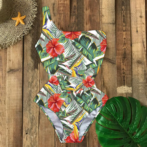 Tropical Women One Piece Swimsuit Bandage Printed Swimwear Single Shoulder Bathing Suit Monokini Flower Bodysuit Summer Bain