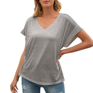 Tshirt Women Fashion Striped Splicing Loose T-shirt Femme Sexy V Neck Dropped Shoulder Short Sleeve Summer Tees Casual Tops