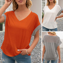 Load image into Gallery viewer, Tshirt Women Fashion Striped Splicing Loose T-shirt Femme Sexy V Neck Dropped Shoulder Short Sleeve Summer Tees Casual Tops