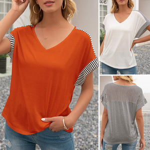 Tshirt Women Fashion Striped Splicing Loose T-shirt Femme Sexy V Neck Dropped Shoulder Short Sleeve Summer Tees Casual Tops