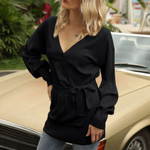 Load image into Gallery viewer, Tunic Tops For Women 2021 Lantern Sleeves Wrapover Elegant V Neck Belted Waist A-line New Long Sweater Streetwears Autumn Ladies