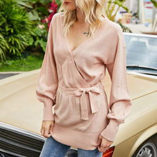 Load image into Gallery viewer, Tunic Tops For Women 2021 Lantern Sleeves Wrapover Elegant V Neck Belted Waist A-line New Long Sweater Streetwears Autumn Ladies