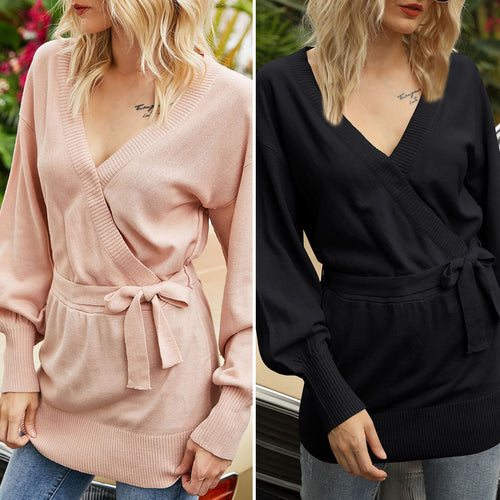 Tunic Tops For Women 2021 Lantern Sleeves Wrapover Elegant V Neck Belted Waist A-line New Long Sweater Streetwears Autumn Ladies