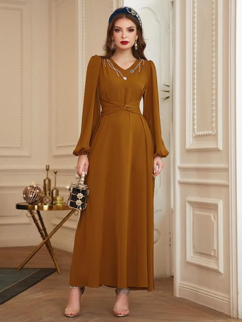 Turmeric V-neck Work-sewn Diamond Satin Dress New Long-sleeved Slim Ladies Dress, Lady Style Banquet Dress Jelebab Kaftan