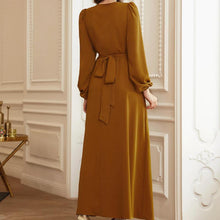 Load image into Gallery viewer, Turmeric V-neck Work-sewn Diamond Satin Dress New Long-sleeved Slim Ladies Dress, Lady Style Banquet Dress Jelebab Kaftan