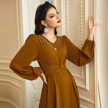 Load image into Gallery viewer, Turmeric V-neck Work-sewn Diamond Satin Dress New Long-sleeved Slim Ladies Dress, Lady Style Banquet Dress Jelebab Kaftan